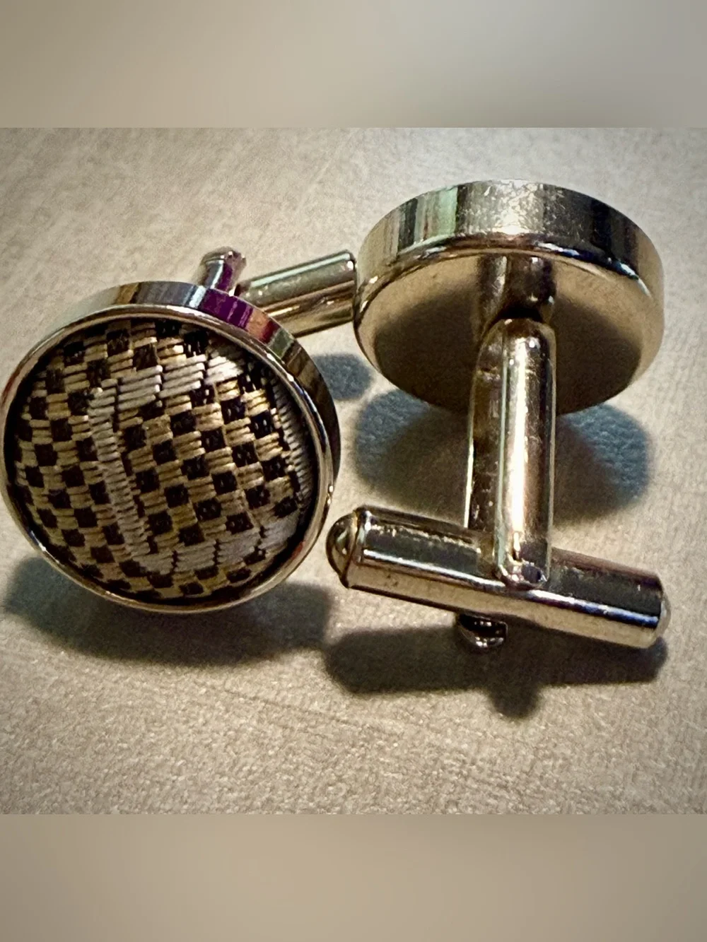 Carbon Fiber Cufflinks, Silver Woven. Texalium Style Inlay